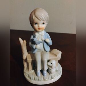 Vintage 80s Porcelain Glazed Boy On Bench With Dog Figurine